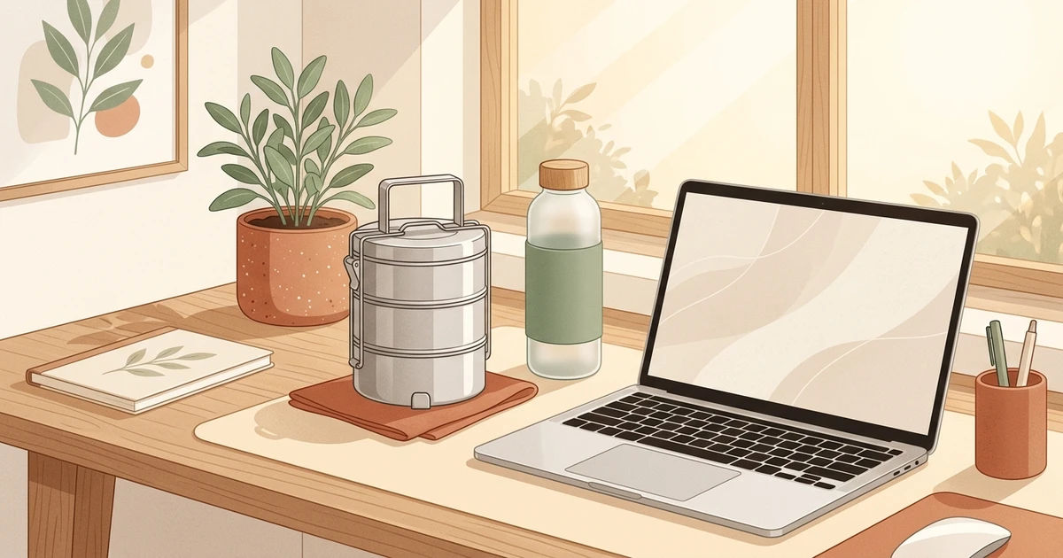 Working woman's desk with laptop, lunch box and water bottle